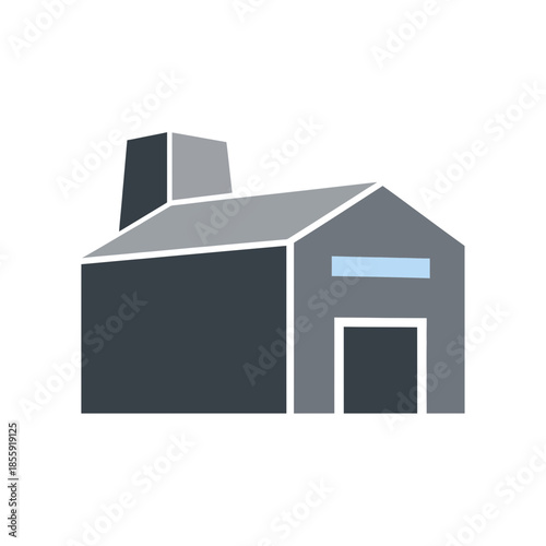 A stylized industrial building with a smokestack and a loading bay.