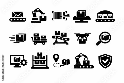 Warehouse and delivery icons: automation, robotics, and package tracking