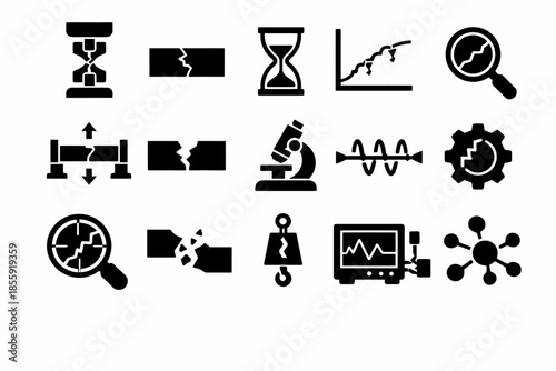 Collection of scientific icons featuring time, microscope, and graphs