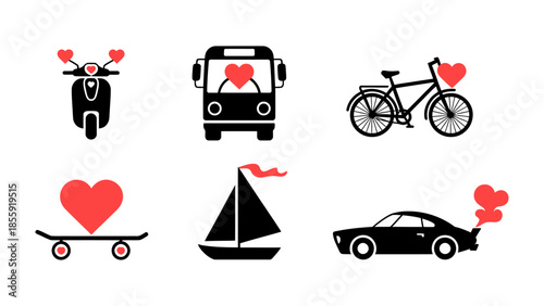 Vehicles of Love: A delightful collection of vector illustrations showcases various modes of transport adorned with the universal symbol of affection, expressing love in motion.