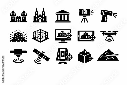 Icons depicting technology in architecture and surveying