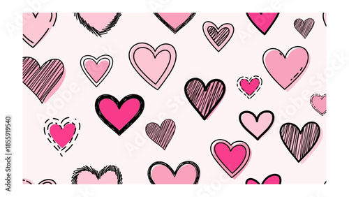 Love's Tapestry: A whimsical array of sketched hearts in varying shades of pink, forming a delightful pattern, ready to embrace the warmth and affection of love.