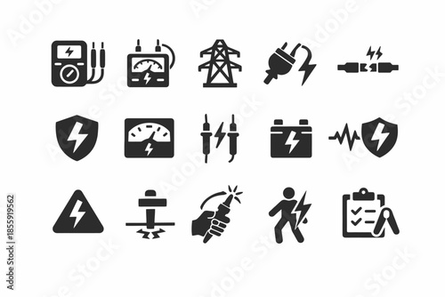 Electrical symbols set: voltmeter, plug, power line, safety, battery, circuit