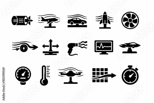 Aerodynamics icons: vehicles, speed, wind tunnel, testing equipment, stopwatch
