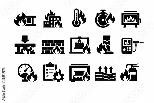 Fire safety icons: buildings, thermometer, stopwatch, stove, extinguisher, fire symbols