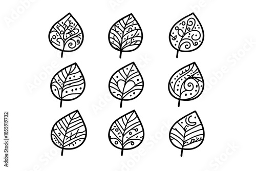 Set of nine decorative leaf icons with intricate patterns