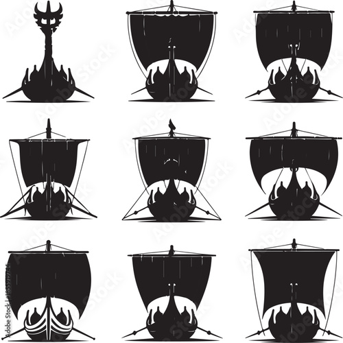 Collection of nine stylized viking longship silhouettes isolated
