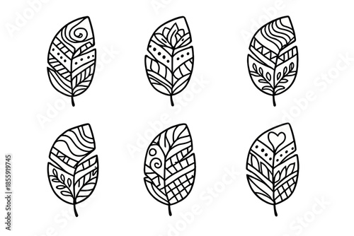 Set of six decorative feather icons with tribal patterns