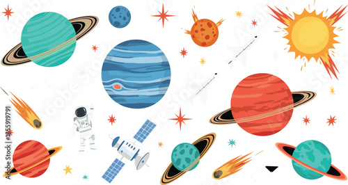 Colorful cartoon outer space illustration with planets sun astronaut satellite rockets and comets playful cosmic elements for kids design