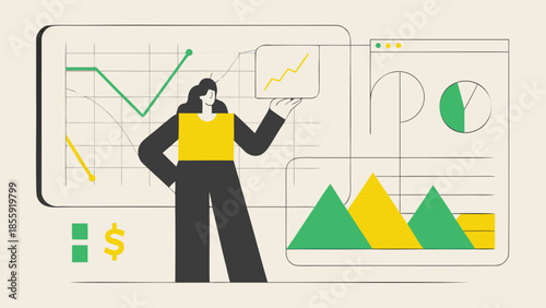 Female figure centered within abstract financial illustrations and graphs, analyzing data with a thoughtful expression, surrounded