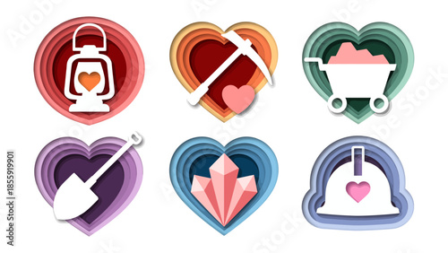 Mining Love: A visually stunning design features six unique heart-shaped icons, each representing an aspect of mining. The illustration combines a layered.