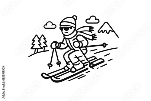Cartoon skier in sunglasses and scarf descending a snowy slope