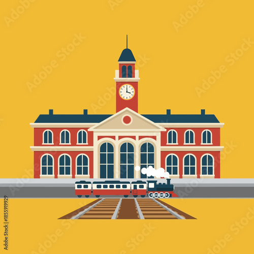 Train at station with clock tower and red building.