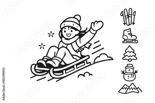 Child Sledding Downhill with Winter Icons