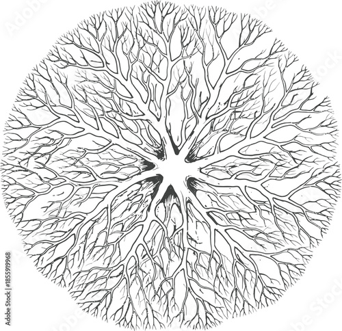 Circular structure of interwoven bare tree branches abstract radial sketch design element