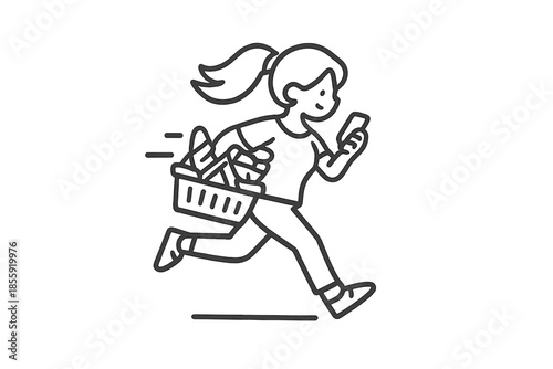 Fotografi Cartoon woman running with shopping basket and phone