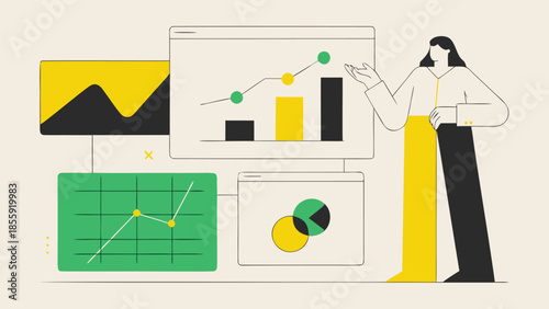 Female figure engaged with abstract financial data on multiple screens displaying graphs and charts