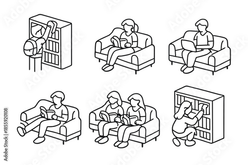 People reading and interacting with bookshelves in a library or home