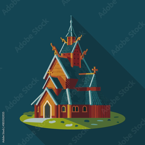 Stylized wooden church with ornate roof and cross.