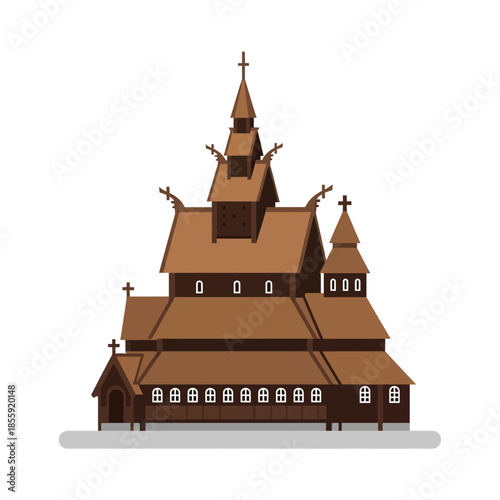 Wooden church with multiple spires and crosses.