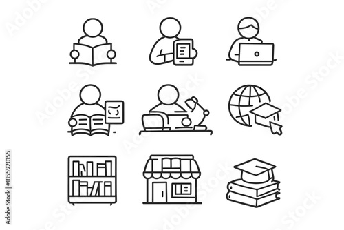 Set of 9 educational icons on a dark background