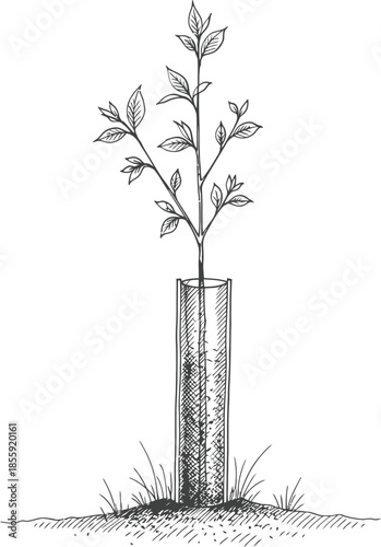 Hand Drawn Sketch of a Young Tree Sapling Protected by a Guard Tube Reforestation and Environmental Conservation Vector Illustration