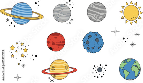 Cartoon solar system elements set with planets sun Earth asteroids and stars colorful space illustration for education design
