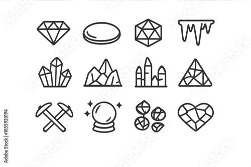 Collection of gemstone and mineral icons with a minimalist outline style
