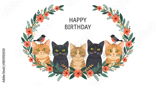 Happy birthday greeting card illustration with five adorable cartoon cats and two birds sitting in a floral wreath frame.