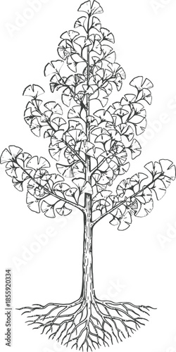 Ginkgo Biloba Tree Hand Drawn Sketch Vector Illustration with Roots and Detailed Fan Shaped Leaves Botanical Outline