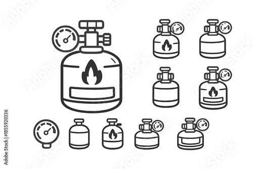 Gas cylinder icons with pressure gauges and flame symbol