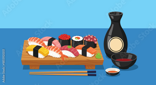 Japanese food illustration with a variety of sushi and sashimi on a wooden platter with soy sauce and chopsticks ready.