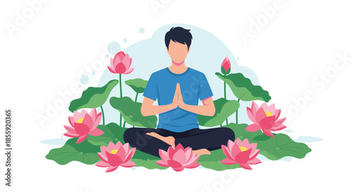 Peaceful young man meditating in a seated yoga pose surrounded by a beautiful pond of pink lotus flowers and leaves.
