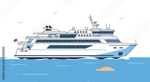 Modern flat line illustration of a large white luxury yacht or cruise ferry sailing on the blue ocean water with birds.