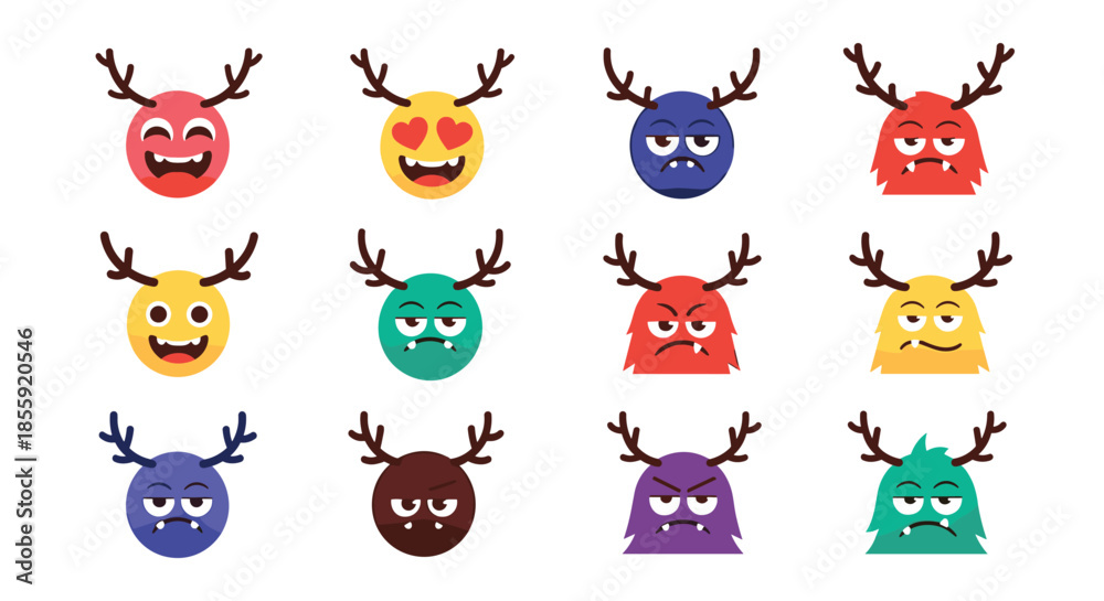 Obraz premium A vibrant set of cute and colorful monster emoticons with antlers displaying a wide range of different facial expressions and emotions.