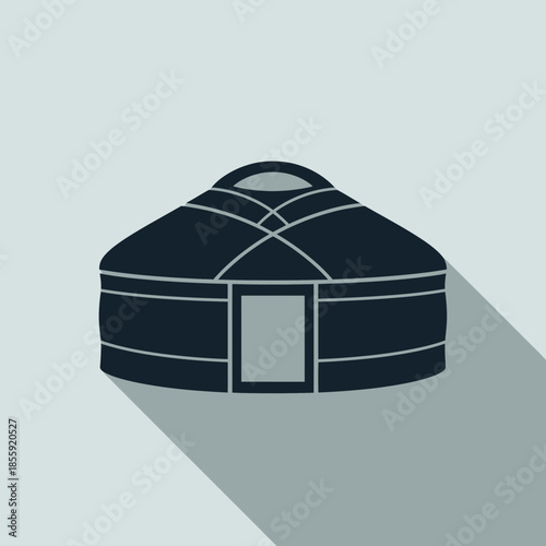 Dark blue yurt with gray door and roof details.