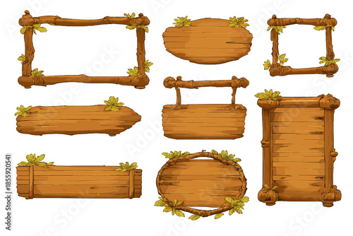 Assortment of Rustic Wooden Signs and Frames with Foliage
