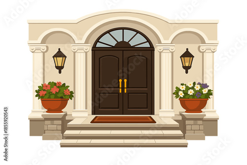 Elegant Double Door Entrance with Flower Pots and Lanterns