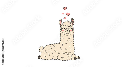An adorable cartoon llama with fluffy white fur lying down peacefully with cute pink hearts floating above its head in affection.