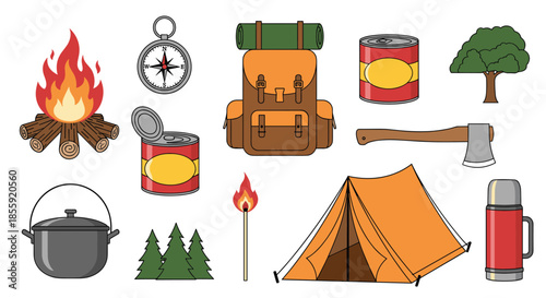 A complete set of colorful cartoon icons representing various essential camping hiking and outdoor adventure equipment items.
