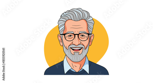 A cheerful cartoon portrait of a friendly senior man with stylish grey hair a well-groomed beard and glasses smiling warmly.