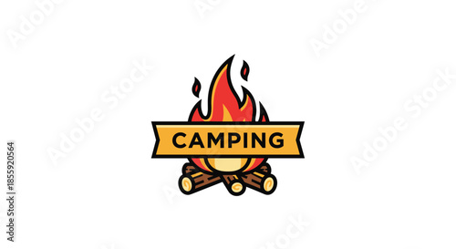 A classic and inviting camping logo design featuring a vibrant campfire with a bold banner for outdoor adventure and recreation.