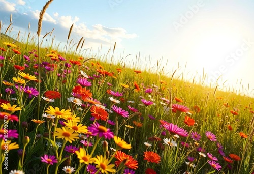 Sun-drenched meadow bursting with vibrant wildflowers,  delicate,  serene