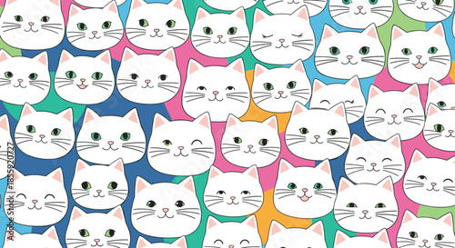 A cute and playful seamless pattern featuring the adorable faces of white cats with different expressions on a colorful background.