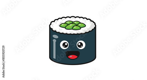 An adorable and happy cartoon maki sushi roll character with big eyes and a wide smile isolated on a plain white background.