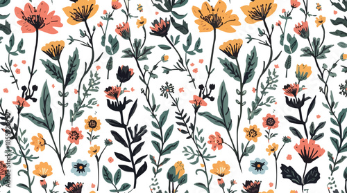 Vector Template Wildflower fabric motif pattern with flat design featuring stylized illustrations of blooming flowers and green leaves in a repeating
