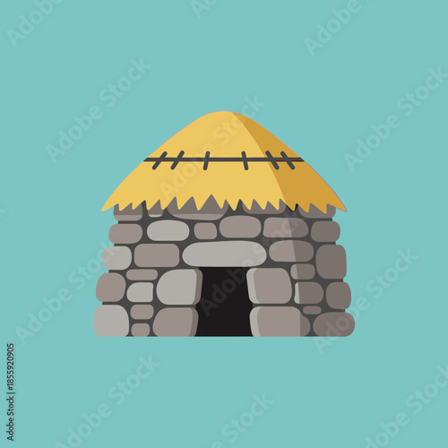 Stone hut with thatched roof and dark doorway.