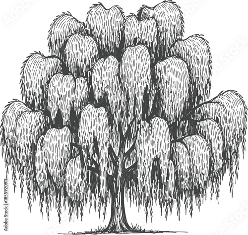 Hand drawn weeping willow tree sketch vector illustration Black and white vintage ink style isolated on white background