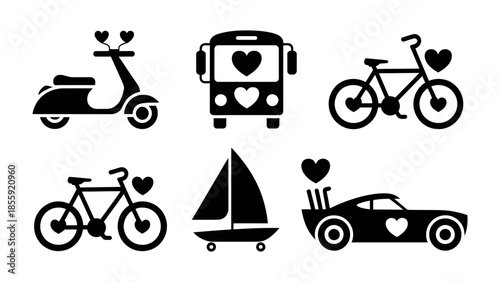 Love Transportation: Six iconic modes of transport, each adorned with a heart symbol, symbolize the journey of love, travel and adventure. Simple silhouettes capture the essence of romance.