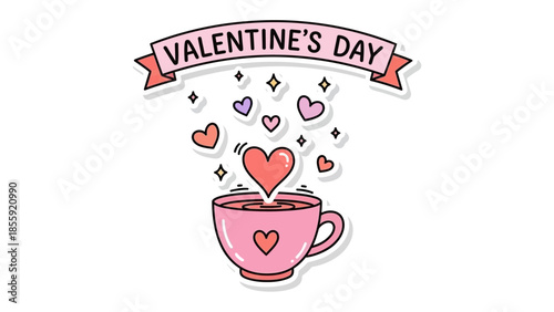 Valentine's Day Coffee Cup: A whimsical Valentine's Day illustration featuring a charming pink coffee cup with hearts cascading out, symbolizing love and warmth. 